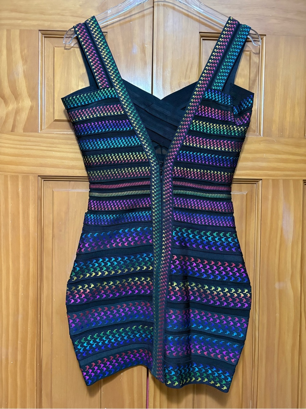 Meilun Multicolor Striped Black Bandage Bodycon Mini Dress Size Medium NWT - Picture 7 of 13